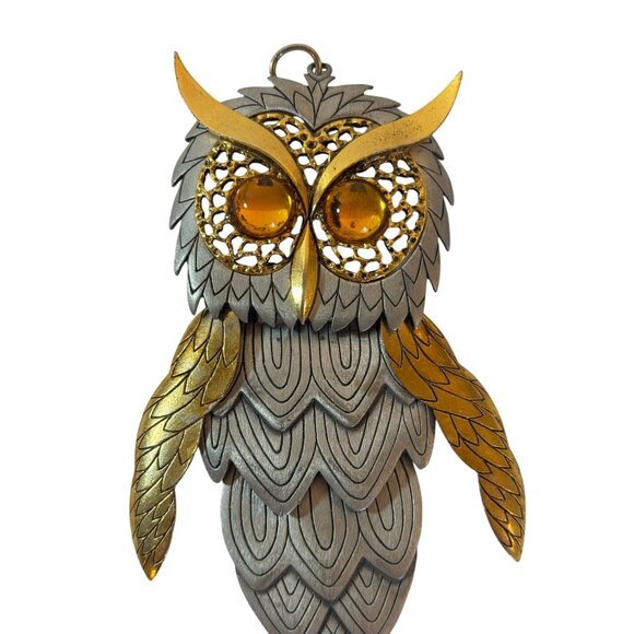 Vintage Owl Pendant Articulated Gold Silver Tone Amber Eyes Retro - Picture 2 of 9